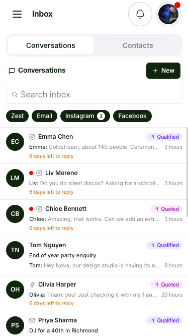 The Zest Manager inbox on a phone, with Instagram, Facebook, email and Zest conversations