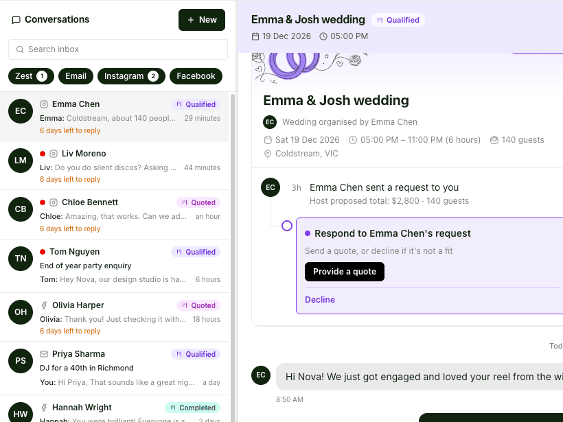 Zest Manager inbox with Zest, email, Instagram and Facebook conversations, and a wedding enquiry open