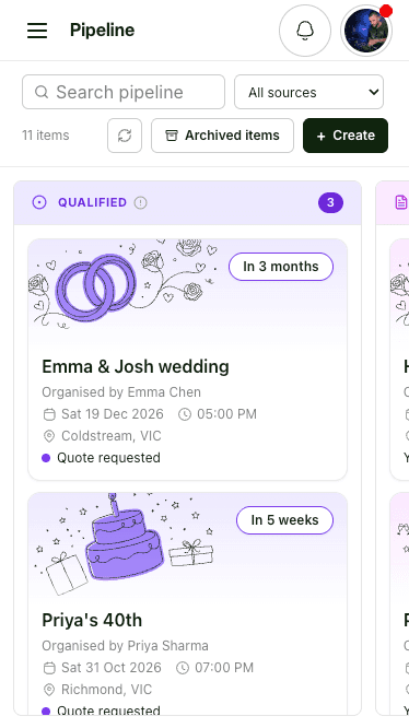The pipeline on a phone, with wedding and birthday cards in the Qualified column