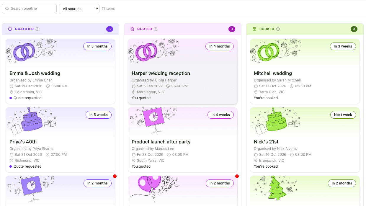 Zest Manager pipeline board with Qualified, Quoted and Booked columns of event cards