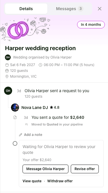 A quote on a phone, sent and waiting for the client to review it