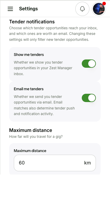 Tender notification settings on a phone