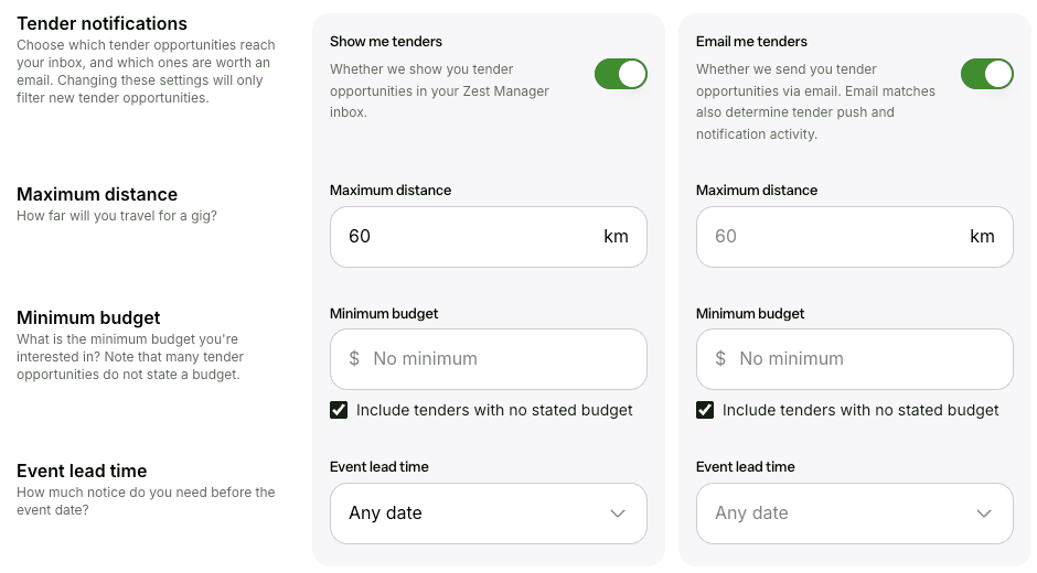 Tender notification settings with separate distance, budget and lead time controls for the inbox and for email